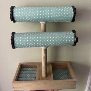 Blue and white polka dot jewellery display